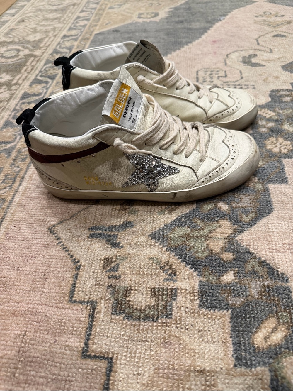 Golden Goose White Leather Sneakers with Silver Glitter Star and Maroon Heel